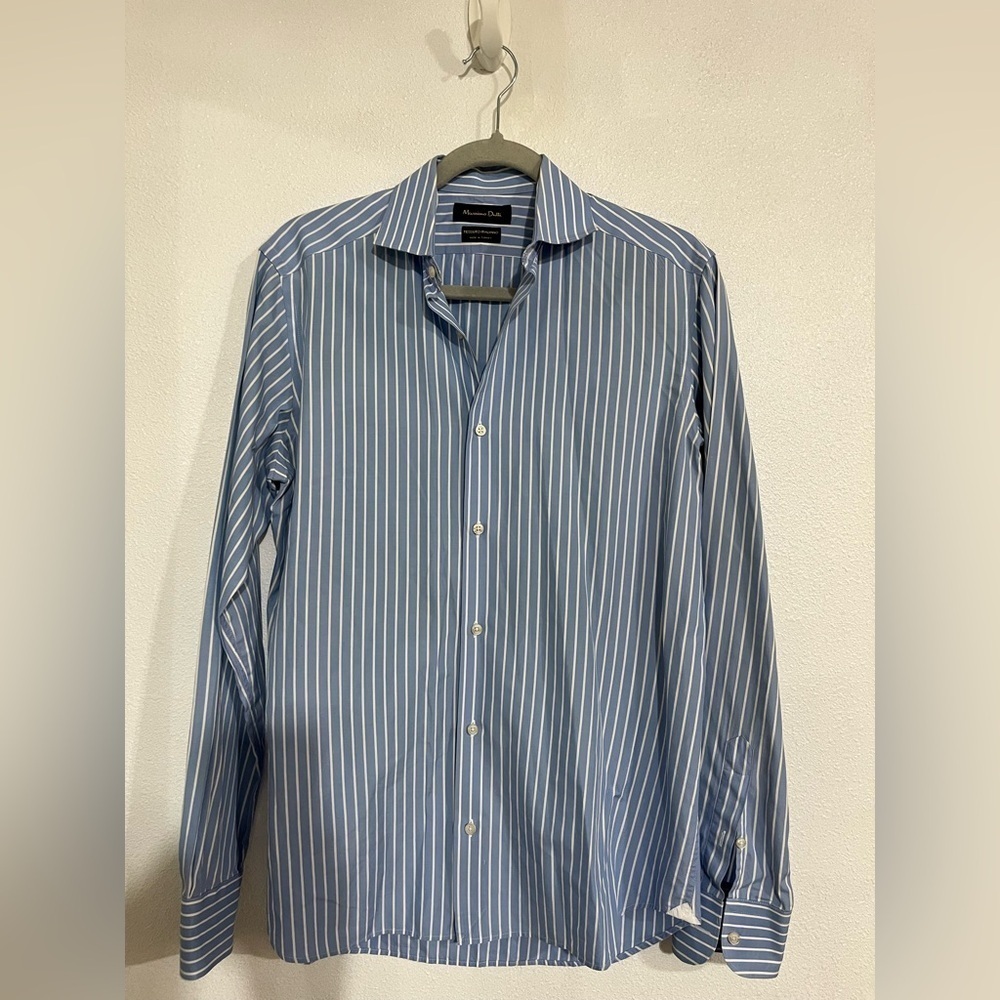 Massimo Dutti white striped button down, long sleeve shirt tessuto italiano 15.5